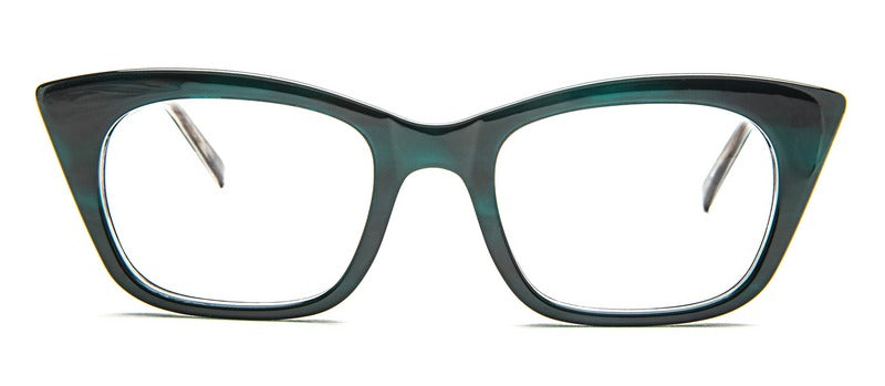 Bevel Sahara in Emerald/Shark Skin, handmade Japanese eyewear at Visionary Optics NYC