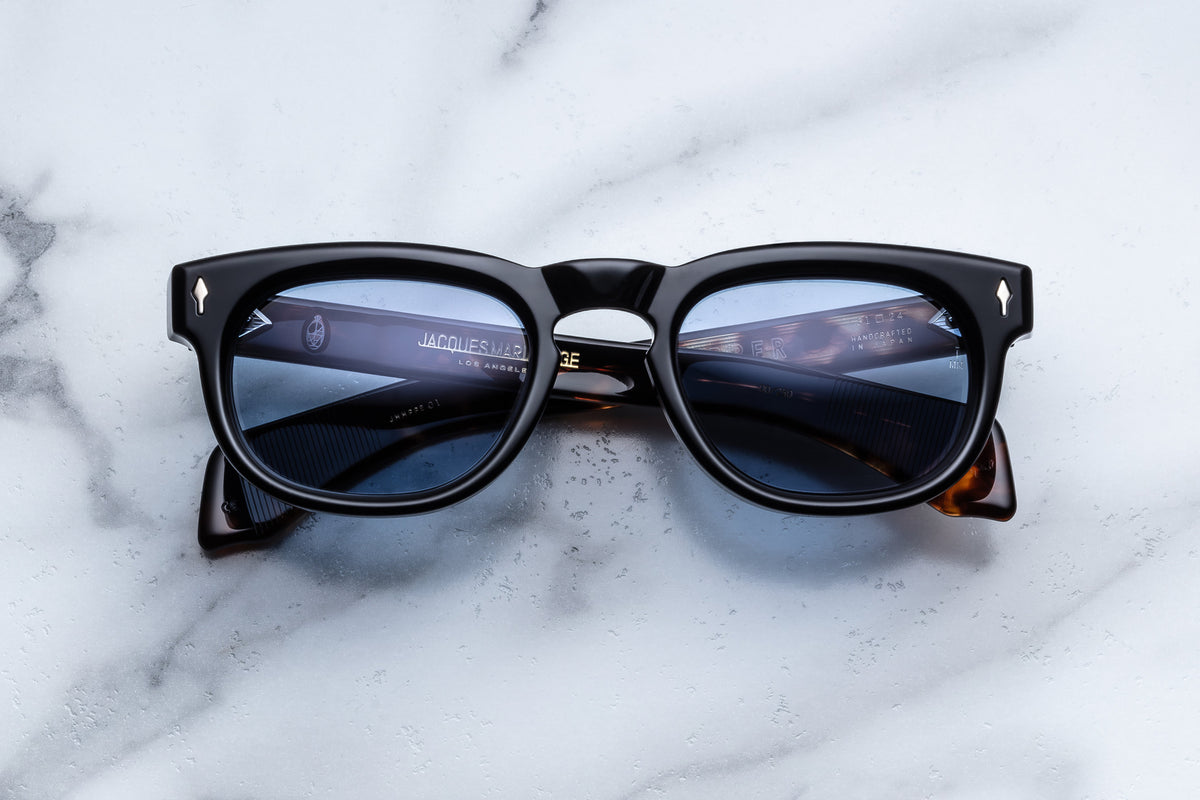Jacques Marie Mage Hopper Pepper 10 Year Sunglasses in Noir, Cerulean CR39 Silver at Visionary Optics NYC