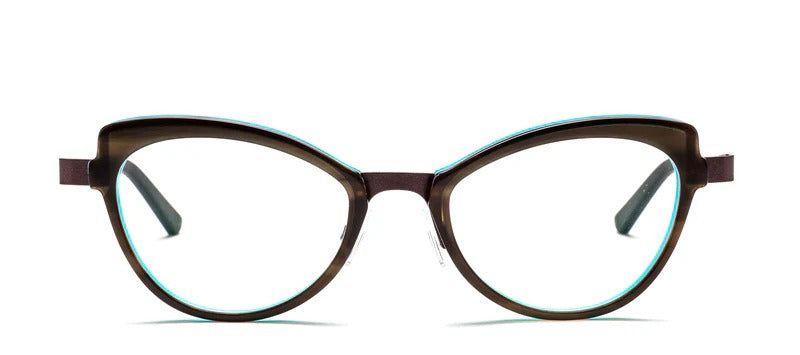 Bevel Quinoa Victoria in Walnut/Turquoise, handmade Japanese eyewear at Visionary Optics NYC
