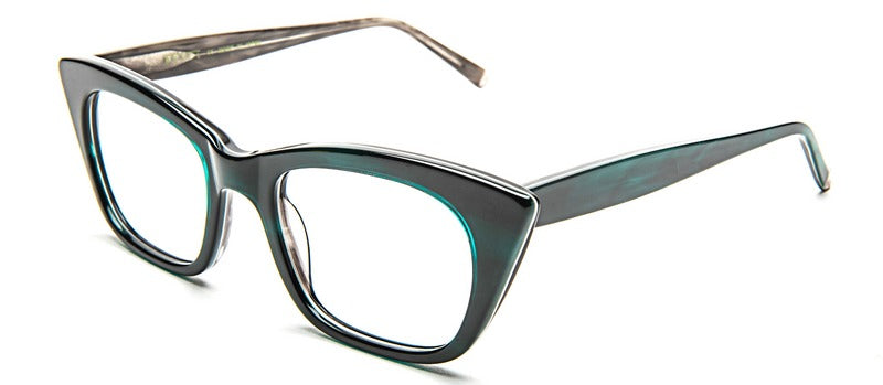 Bevel Sahara in Emerald/Shark Skin, handmade Japanese eyewear at Visionary Optics NYC