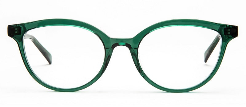 Bevel Shannon P in Trnsprnt Hntr Green, handmade Japanese eyewear at Visionary Optics NYC