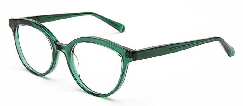 Bevel Shannon P in Trnsprnt Hntr Green, handmade Japanese eyewear at Visionary Optics NYC