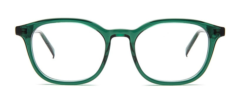 Bevel Vail in Transparent Hunter Green, handmade Japanese eyewear at Visionary Optics NYC