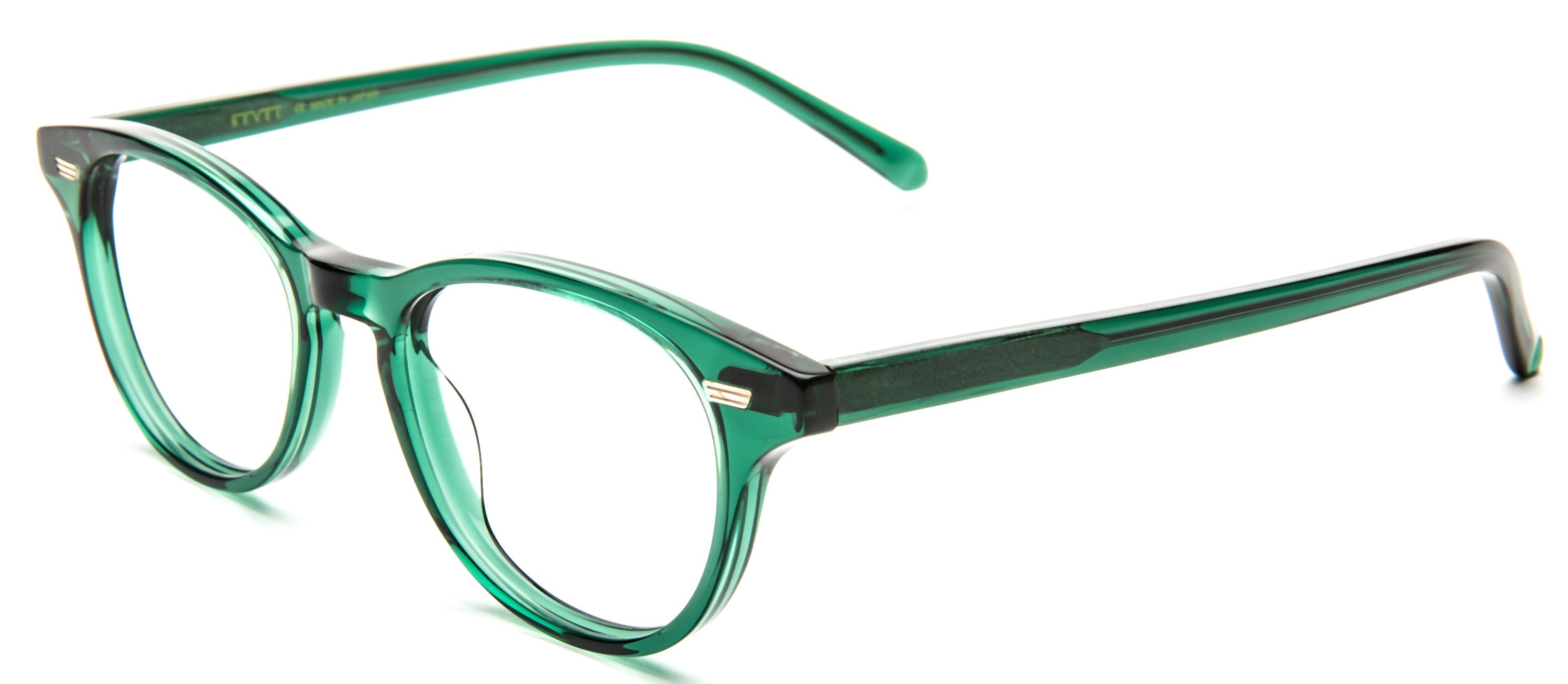 Bevel Chamomile in Transparent Hunter Green, handmade Japanese eyewear at Visionary Optics NYC