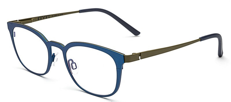 Bevel Mercurio in Marine Blue/Olive Oil, handmade Japanese eyewear at Visionary Optics NYC