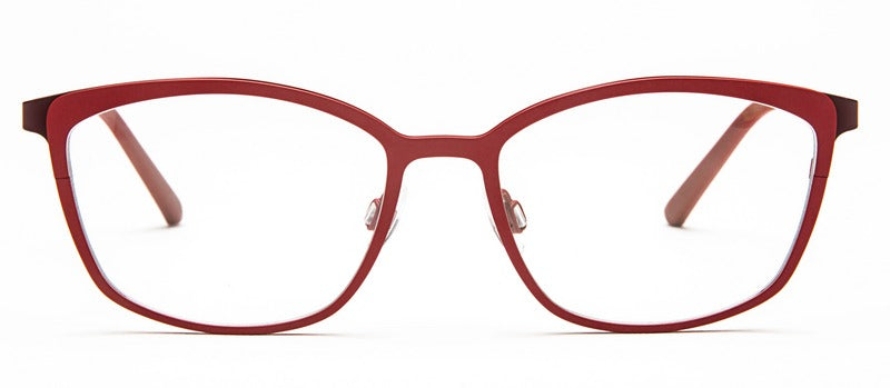 Bevel Jessica F in Wrm Red/Eggplant, handmade Japanese eyewear at Visionary Optics NYC
