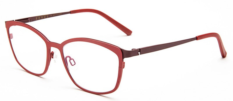 Bevel Jessica F in Wrm Red/Eggplant, handmade Japanese eyewear at Visionary Optics NYC
