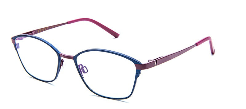 Bevel Sphinx in (Marine Blue/Deep Purple), handmade Japanese eyewear at Visionary Optics NYC