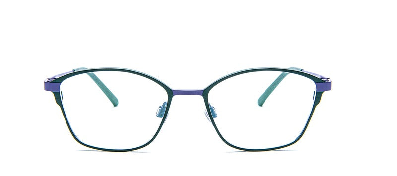 Bevel Sphinx in Tech Green/Lavender, handmade Japanese eyewear at Visionary Optics NYC