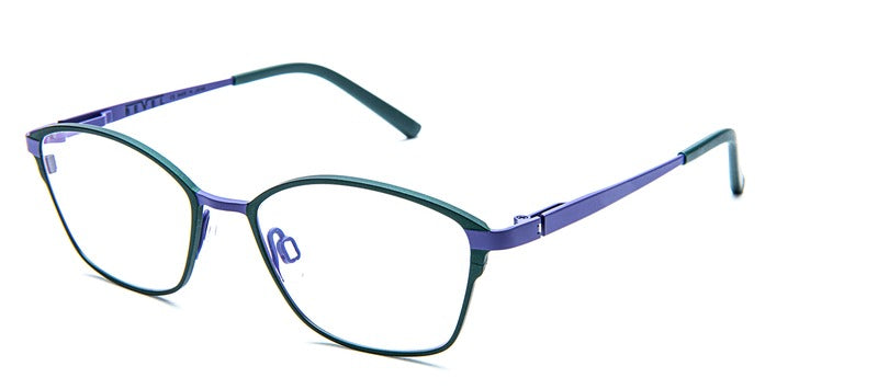 Bevel Sphinx in Tech Green/Lavender, handmade Japanese eyewear at Visionary Optics NYC