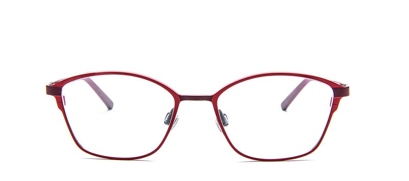 Bevel Sphinx in (Warm Red/Eggplant), handmade Japanese eyewear at Visionary Optics NYC