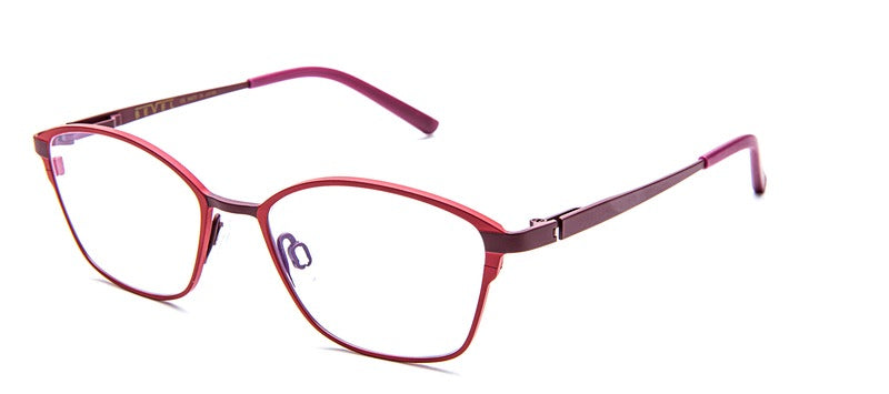 Bevel Sphinx in (Warm Red/Eggplant), handmade Japanese eyewear at Visionary Optics NYC