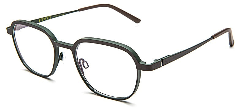 Bevel Medicine Hat in Brownish Black/Forest Green, handmade Japanese eyewear at Visionary Optics NYC