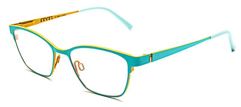 Bevel Riad in Aqua Sky/Mimosa, handmade Japanese eyewear at Visionary Optics NYC