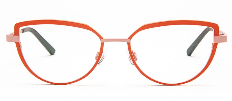 Bevel Tine V in Living Coral/Rose Quartz, handmade Japanese eyewear at Visionary Optics NYC