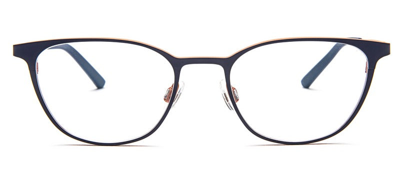 Bevel Tofino in Deep Blue/Pumpkin, handmade Japanese eyewear at Visionary Optics NYC