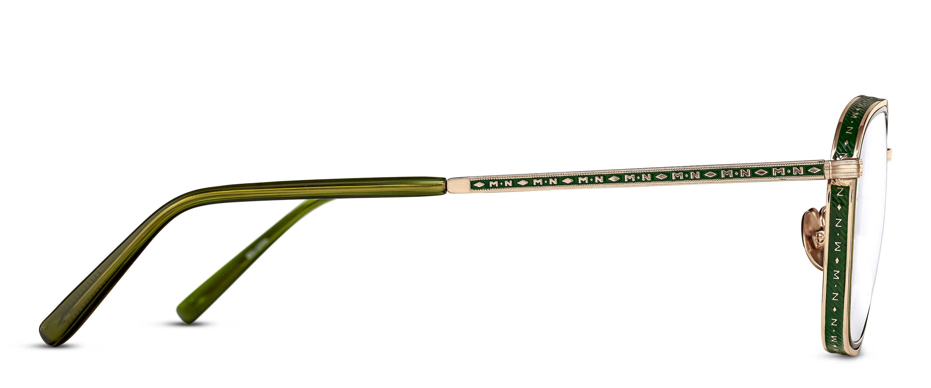 Green eyeglasses with gold accents on a white background