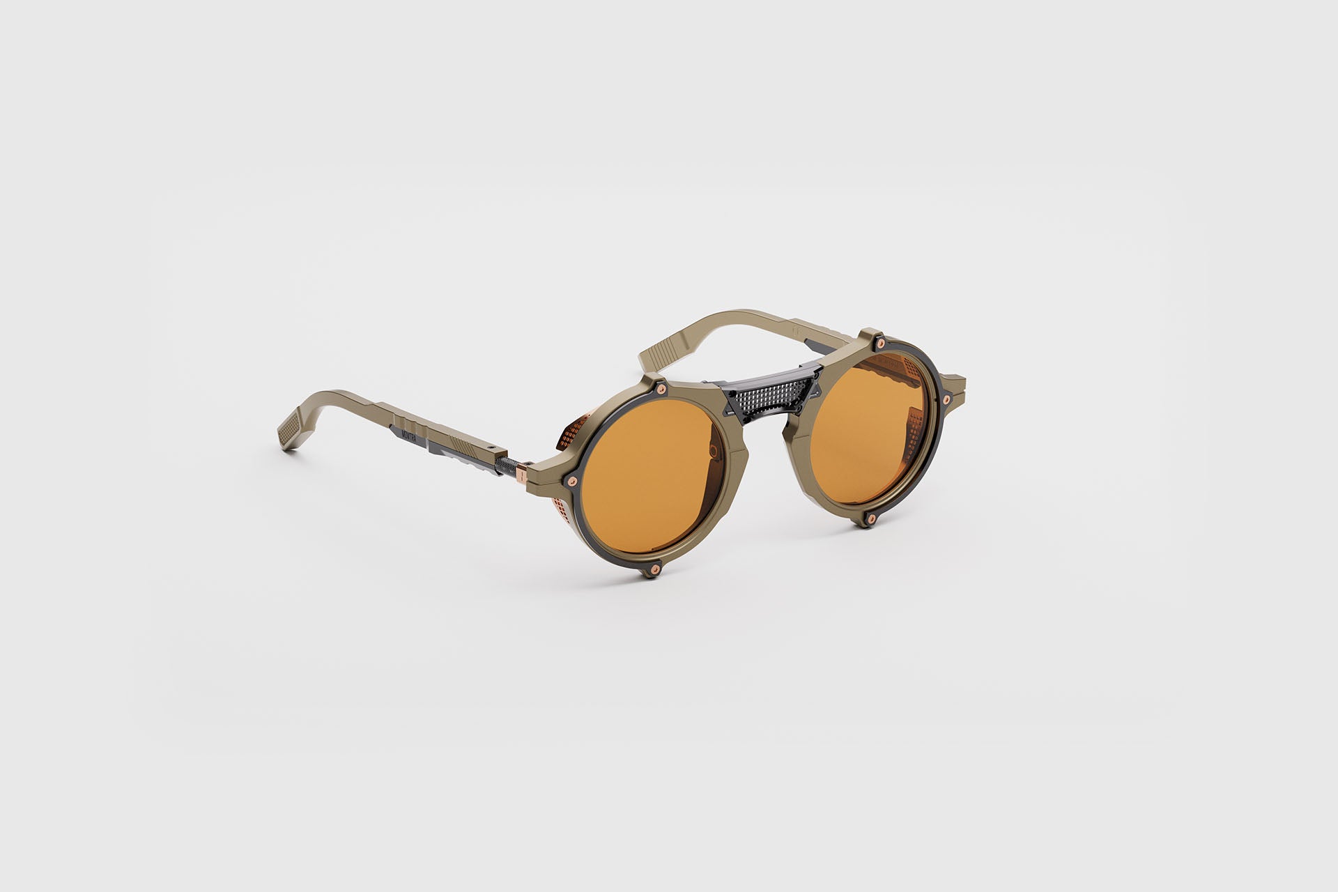 Movitra Nomad 01 sunglasses in C2 Desert Sand, three-quarter view showing titanium blinkers