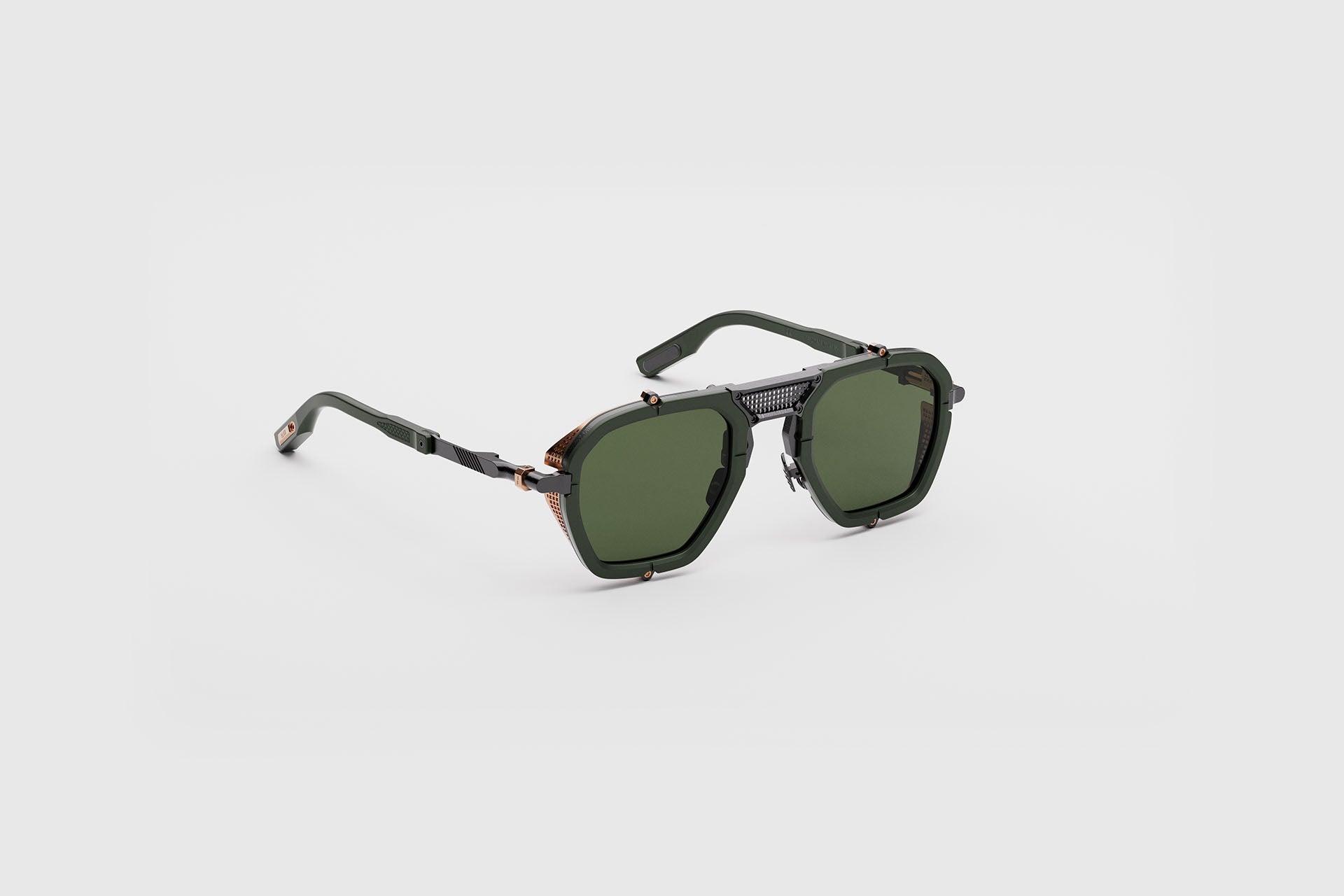 Movitra Nomad 02 sunglasses in C1 Solid Army, three-quarter view showing titanium blinkers
