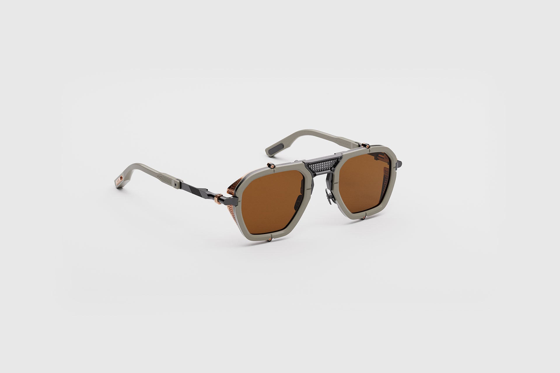 Movitra Nomad 02 sunglasses in C4 Swamp (Matte), three-quarter view showing titanium blinkers